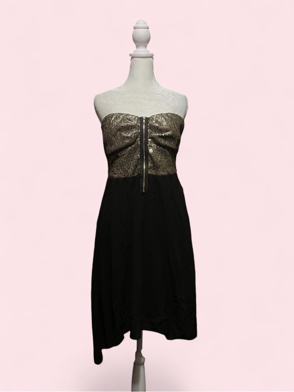 Large Strapless Hi-Low Black Dress with Gold Metallic Bust